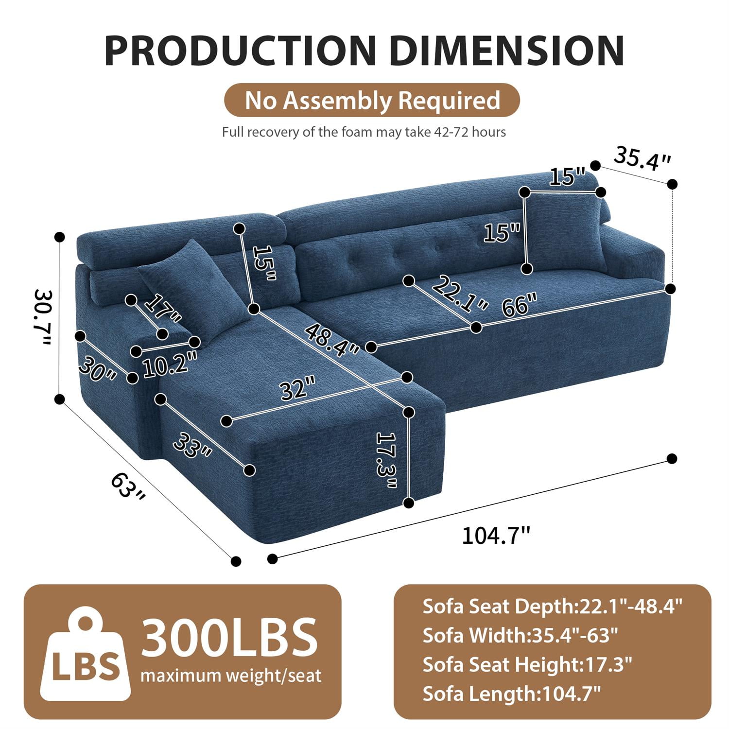 Demi Bonn 105" Modern L-Shaped Sectional Sofa, 3-Seater Couch with Chaise Lounge, 2 Accent Pillows, Wood Grain Chenille Fabric for Living Rooms, Blue