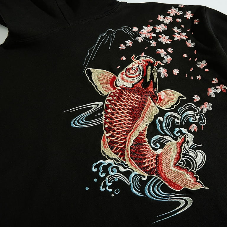 Niepce Inc Japanese Fashion Hooded Sweatshirt Men Koi Fish Embroidery Hoodie Streetwear Cotton Tops, Men's, Size: Large, Black