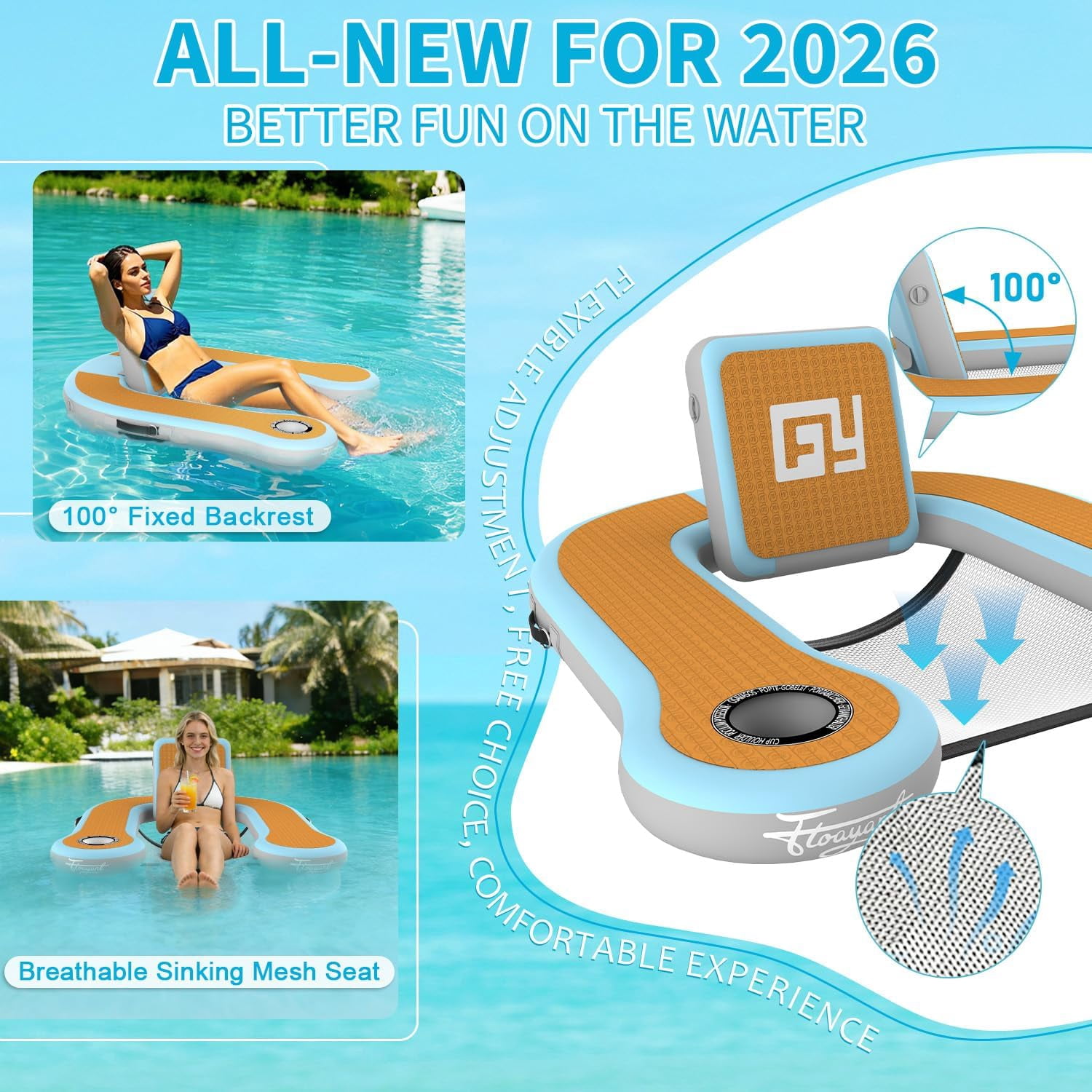 Hangout Floating Chair | Inflatable Floating Chair with Built-in Cup Holder | 4.2×3.7ft Chair Floats for Adults | Inflatable Lounge Chair for Lakes, Pools, Boats | 1 Pack of Chair