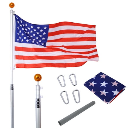 16FT Telescopic Flag Pole Kit - Heavy Duty Aluminum Flagpole, Sectional Outdoor Flag Pole with USA Flag & Clips Silver   Aluminium