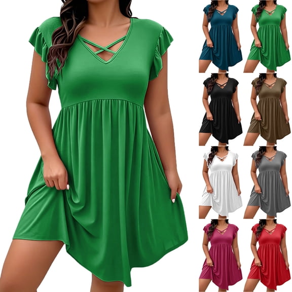 Tqcoqu Plus Size Women's Crisscross V-Neck Ruffle Sleeve A-Line Casual Mini Dress,Red Women's XL-XXXXXL