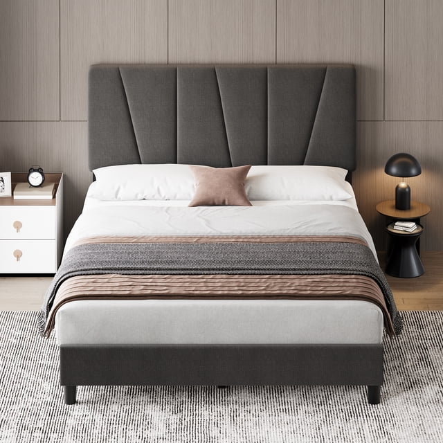 Bingirl Full Size Bed Frame with Adjustable Headboard, Linen Upholstered Platform Bed Frame with Strong Wooden Slats, Mattress Foundation, No Box Spring Needed