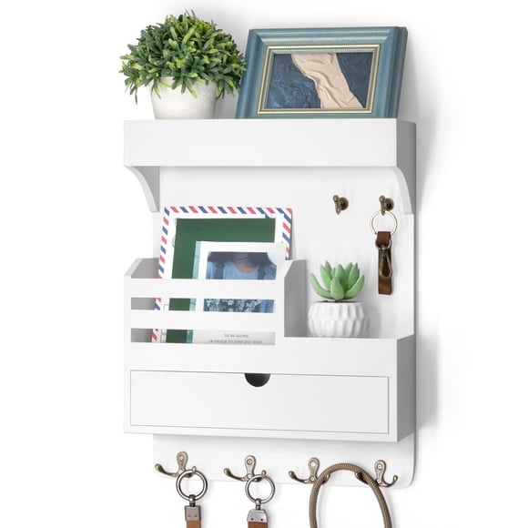 Rebee Vision Porte-Clés Mural avec Organiseur de Tiroir – Organiseur de Courrier et Clés en Bois de Pin avec 6 Crochets Robustes et Étagère Murale – Moderne