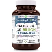 Amazing Flora Probiotic 10 Best Probiotics Strains 30 Billion 60 Veggie Capsules Supplement | Supports Better Digestive & Gut Health | Non-GMO | Gluten Free | Suitable for Vegetarians | Made in USA
