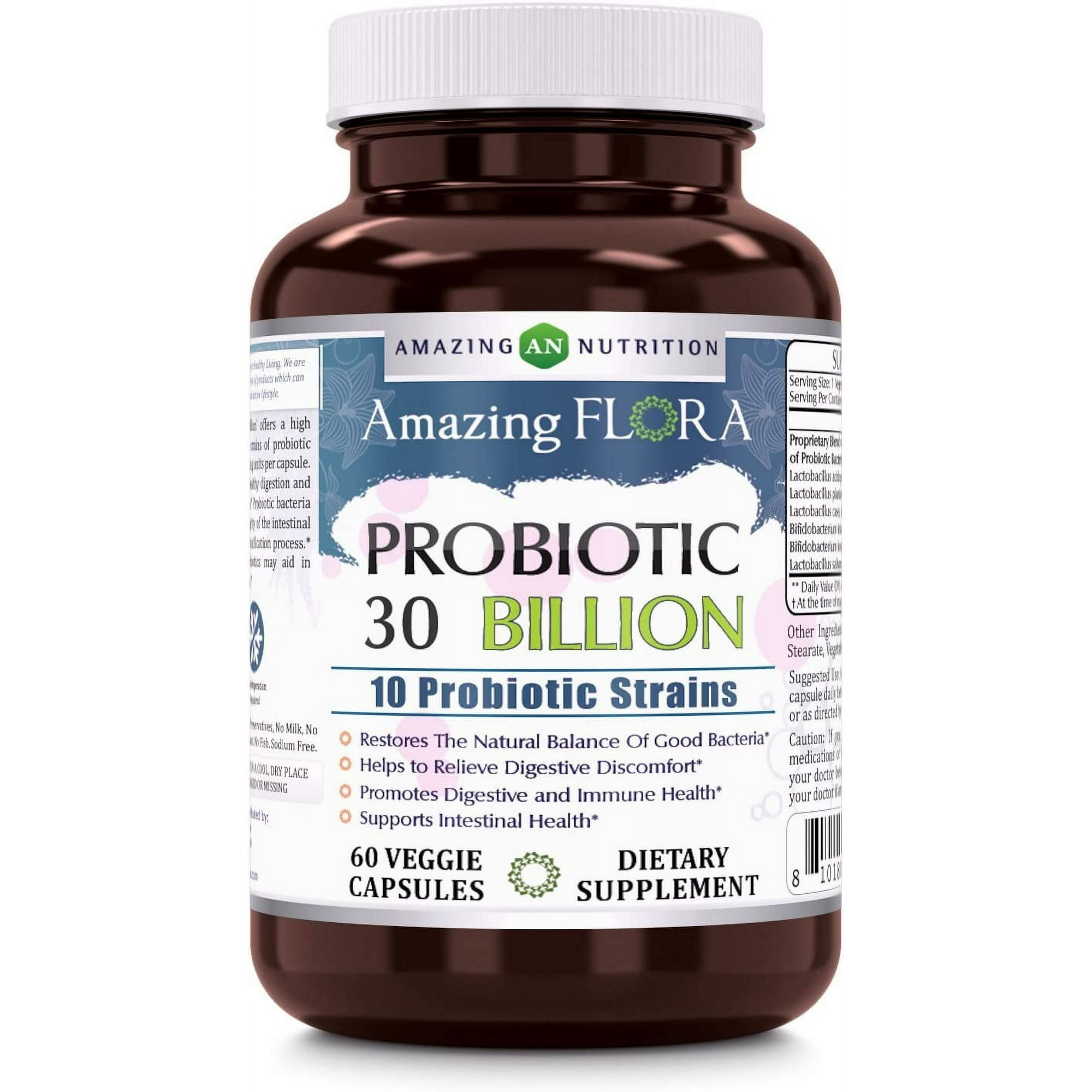 Amazing Flora Probiotic 10 Best Probiotics Strains 30 Billion 60 Veggie Capsules Supplement | Supports Better Digestive & Gut Health | Non-GMO | Gluten Free | Suitable for Vegetarians