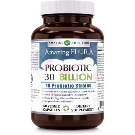 Amazing Flora Probiotic 10 Best Probiotics Strains 30 Billion 60 Veggie Capsules Supplement | Supports Better Digestive & Gut Health | Non-GMO | Gluten Free | Suitable for Vegetarians | Made in USA