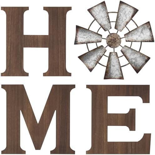 Farmhouse Wall Decor Wooden Home Sign with Metal Windmill for O Rustic Hanging Letters Decorative Art Signs Living Room Kitchen Bedroom Entryway House, Brown