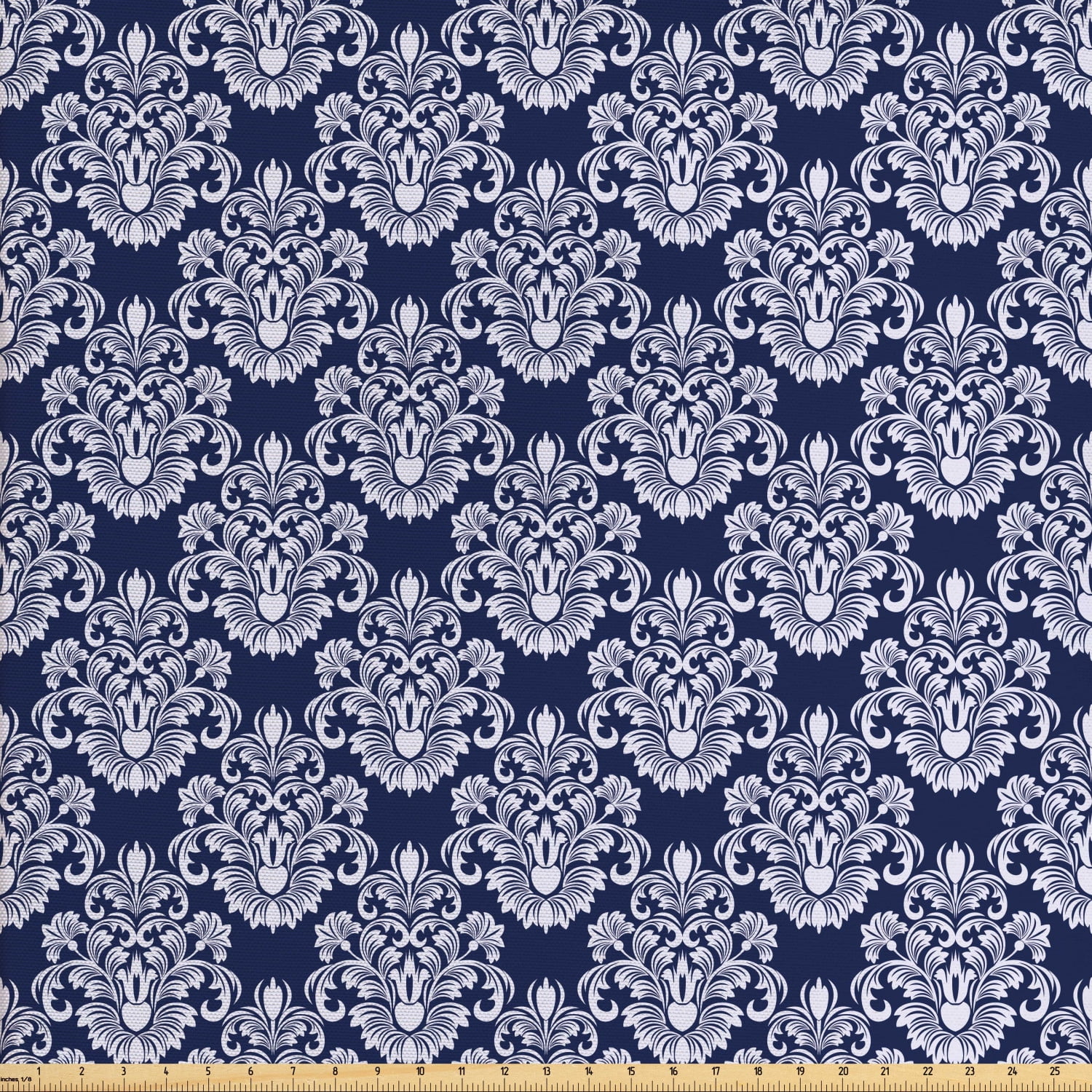 Navy Blue Fabric by The Yard, Abstract Floral Damask with
