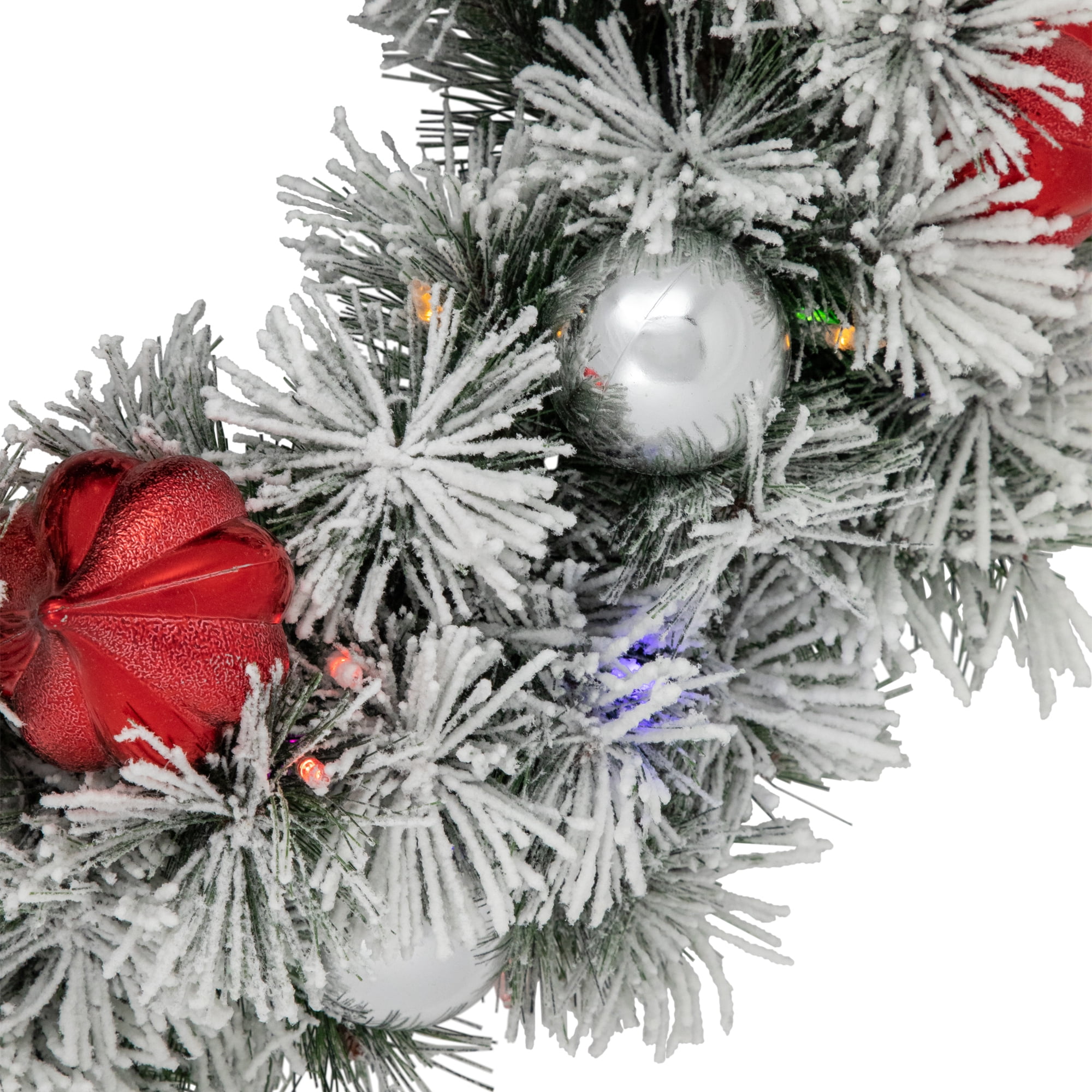 Pre-Lit Snowy Bristle Pine Christmas Wreath 24-Inch Warm White and Multi LED Lights