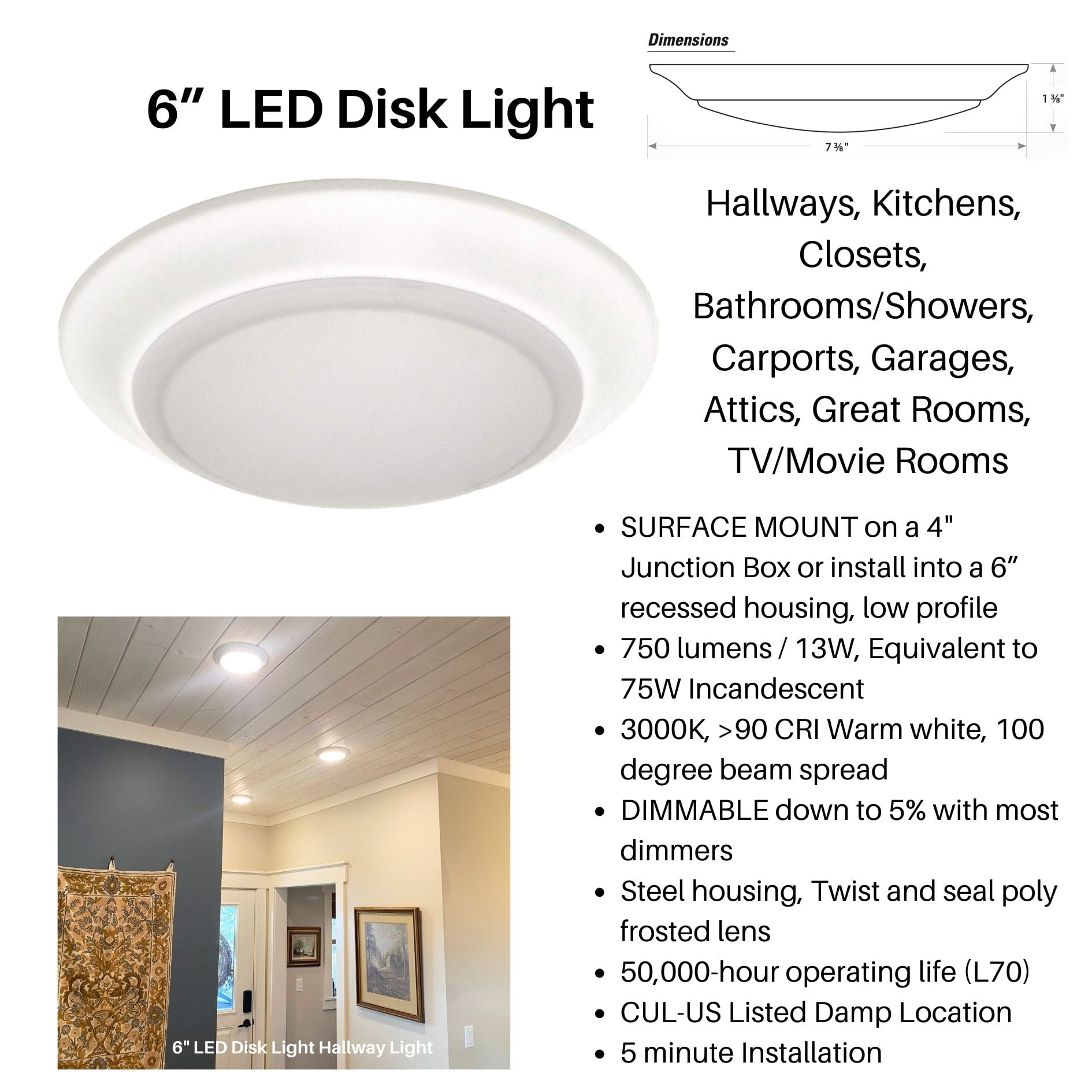FLI Products 6in LED Flush Mount Ceiling Disk Light, 750 Lumen 3000k Warm White, Dimmable 8pk