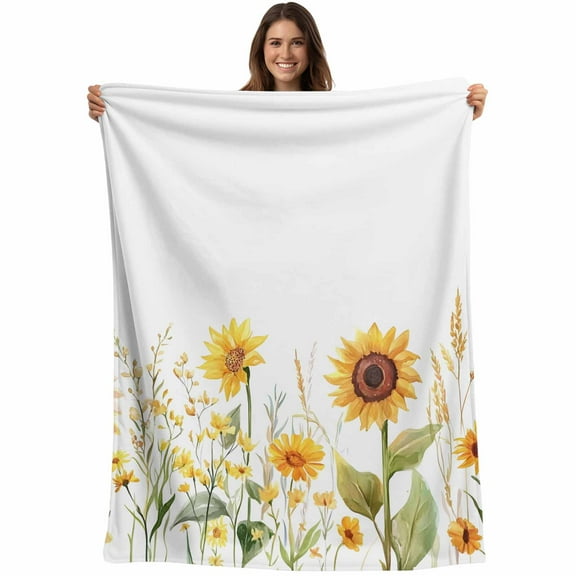 Flannel Fleece Throw Blanket Spring Watercolor Sunflower Wildflowers Lightweight Soft Plush Blankets,Country Floral on White Cozy Warm Throw Blanket for Couch Sofa Bed Car Office 40x50in