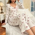 thumbnail image 2 of WTXUE Women's Bow Print Pajama Sets Long Sleeve V-Neck Top with Matching Pants Cute Soft Breathable Loungewear Trendy Sleepwear Fall Home Wear White M, 2 of 3