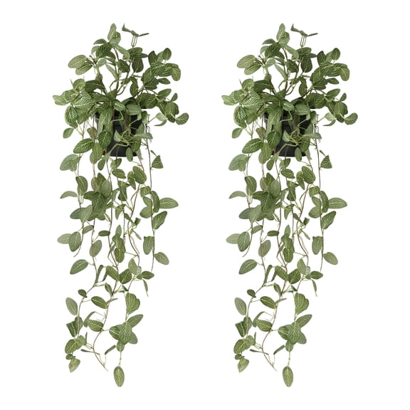 PARMPH 2 Packs Artificial Hanging Plants with Pot, 34'' Long Green Stems Vines Fake Potted Plants, Small Faux Plants in Pot for Home Room Shelf Indoor Outdoor Decor, Green Wesh Leaves