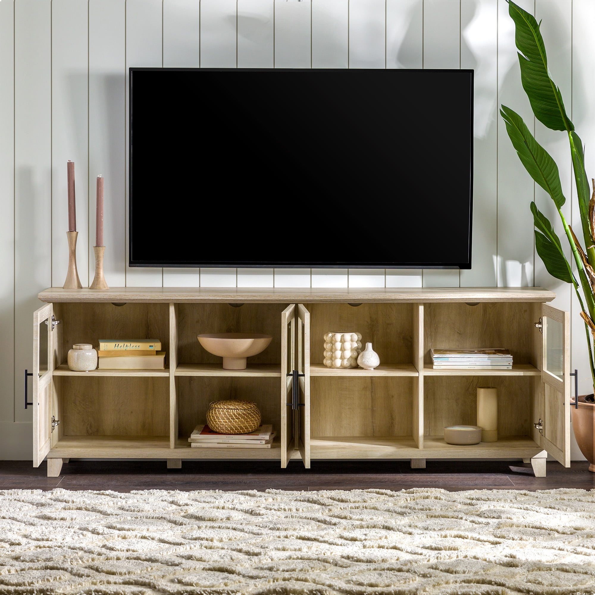 Walker Edison Farmhouse 4 Door TV Stand for TVs Up to 80", White Oak