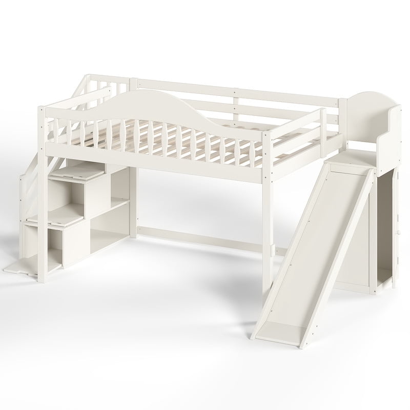 Full Size Kids/Teens Loft Bed with Storage Staircase, Slide & Wardrobe, Princess Bed Frame with Curved Guardrail