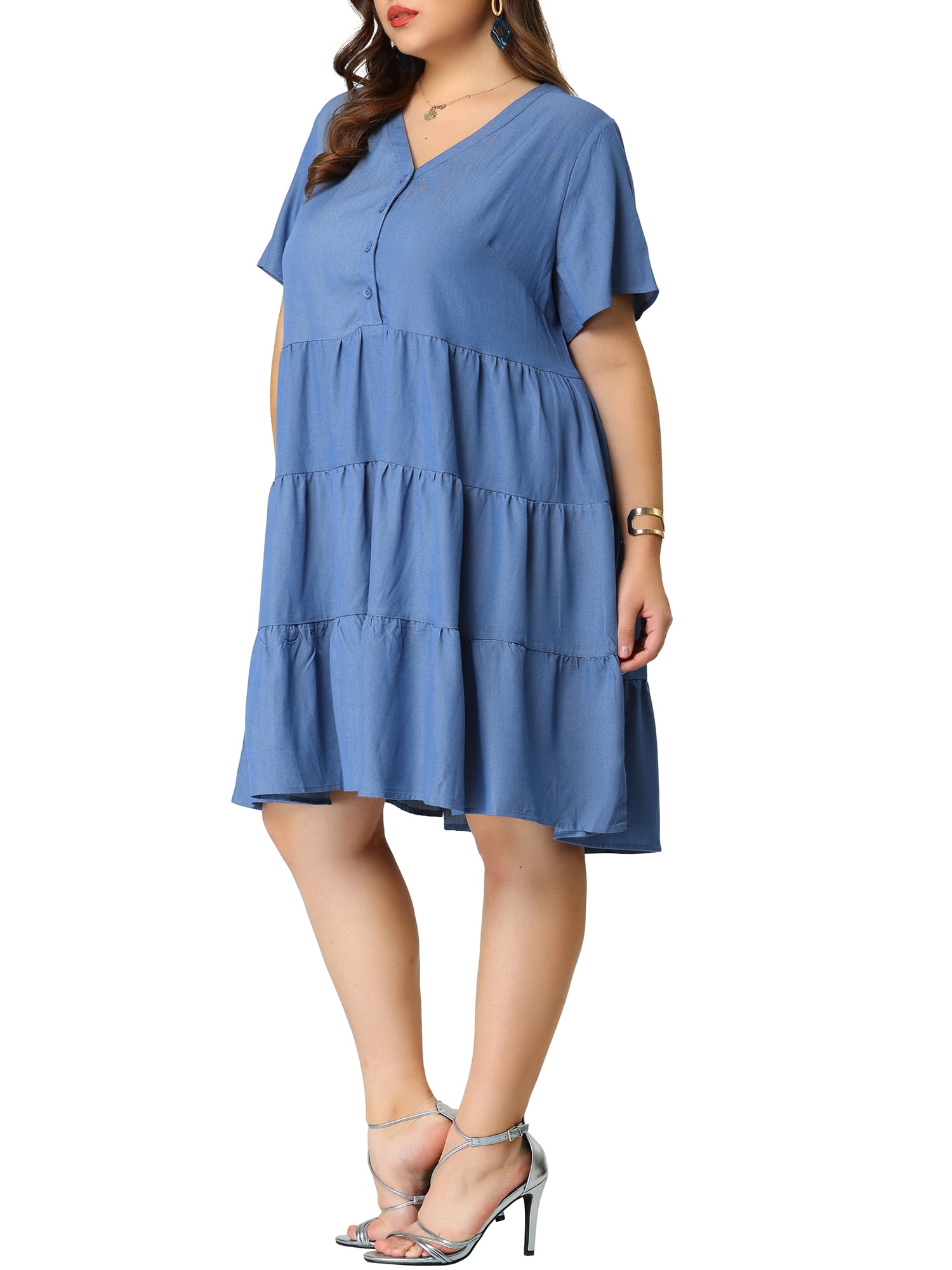 DARING DIVA Plus Size Button Down V Neck Tiered Chambray Dress 4X Blue
