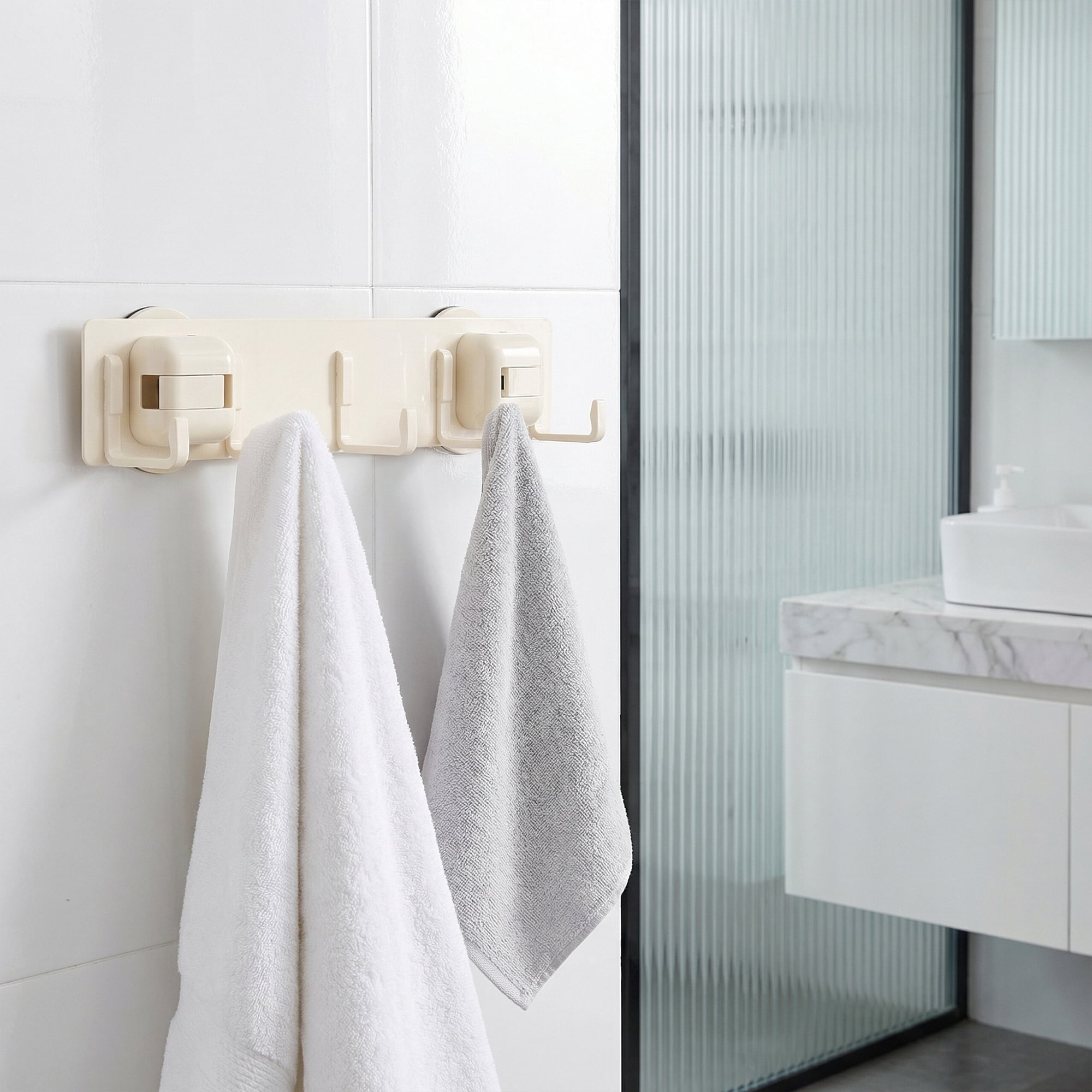 Unique Bargains Coat Rack Wall Mount Metal Suction Square 5 Hooks Rack White 13.2"x2.4"