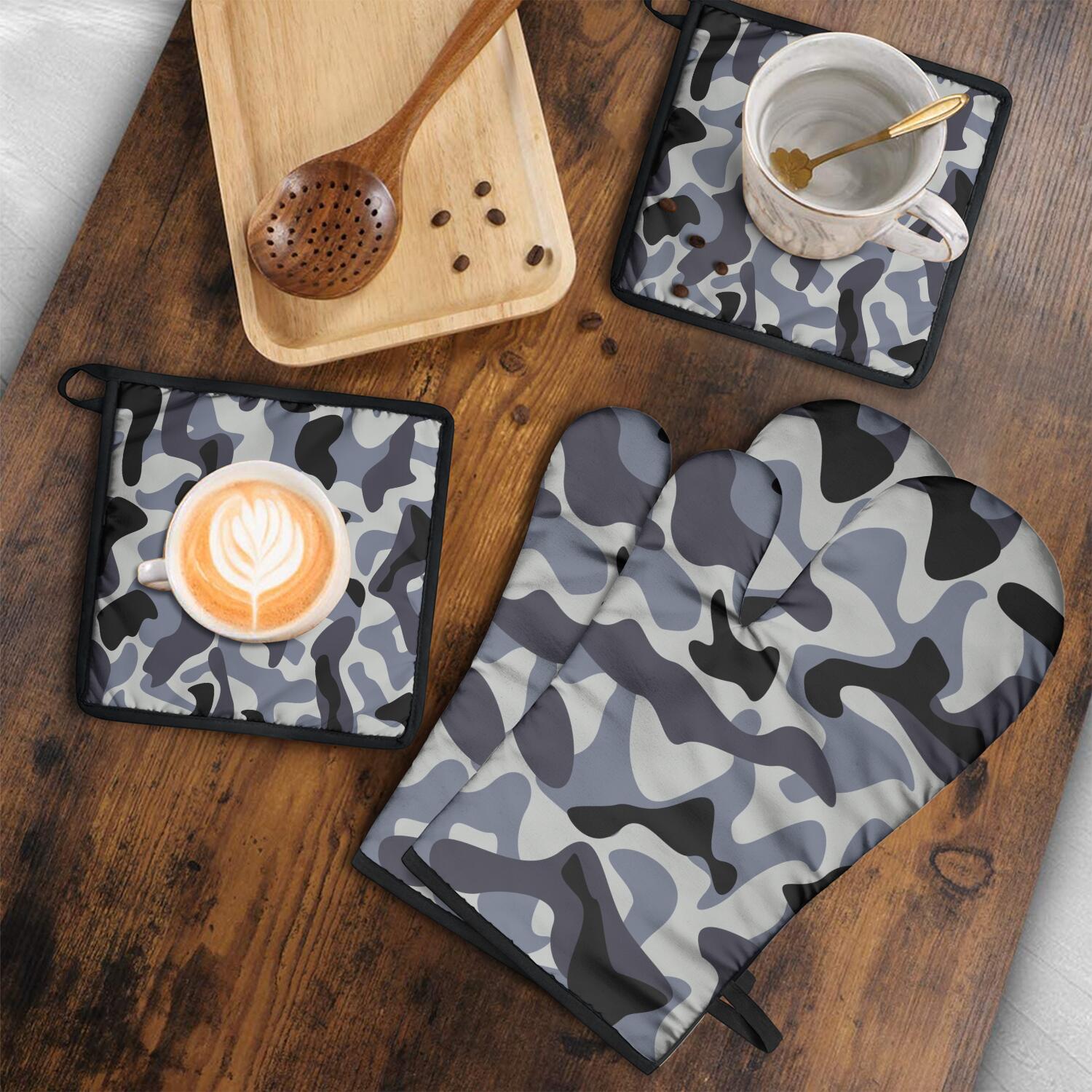 Camouflage Oven Mitts and Pot Holders Set Of 4, Heat Resistant Kitchen Gloves with Non-Slip Grip, Hanging Loop, Soft Cotton Lining for Baking, Cooking, Grilling, Barbecue