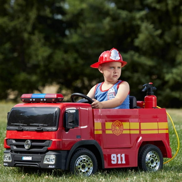 VOLTZ TOYS 12V Ride on Car for Kids, Fire Truck with Pretend Play Accessory Set Hat, Water Gun, Extinguisher, Parental Remote Control, Handle Bar and Caster Wheels, LED and MP3 (Red)