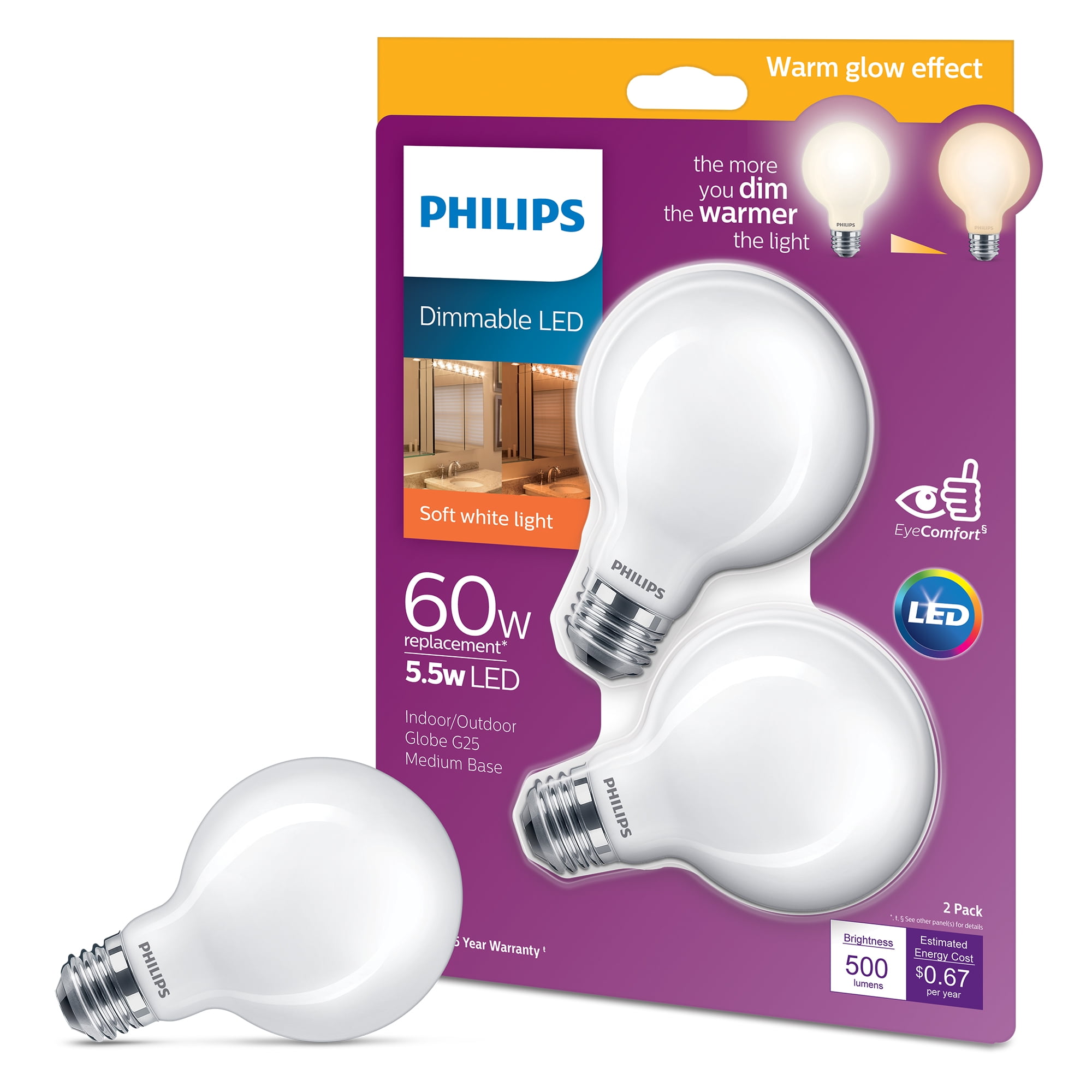 Philips LED 60Watt G25 General Purpose Globe Light Bulb, Frosted Soft