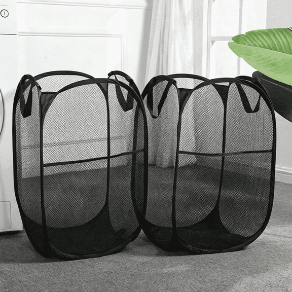 JUXIAO 2 Pack Pop Up Mesh Laundry Hamper, Collapsible Laundry Baskets with Side Pocket - Breathable,Sturdy,Foldable Design for Home, Dorm, Travel and Storage(Black)