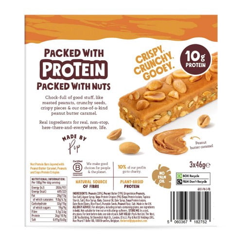 Pip & Nut Protein Peanut Butter Bars 3 x 46g, British Import (Pack of 3)