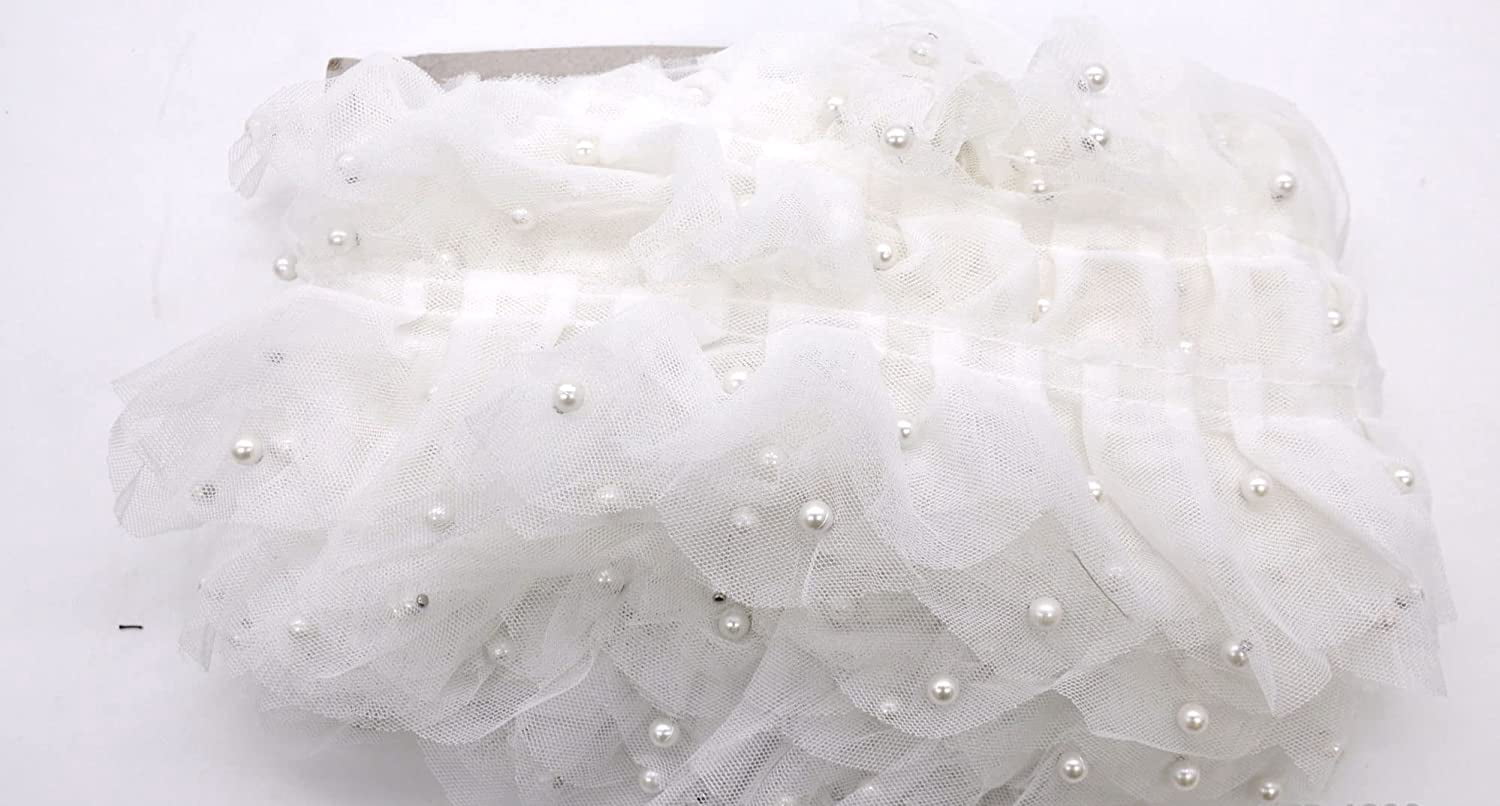 Double Gathered Lace with Scattered Pearls - 3" Width (10 YDS)-BTP-1800-27