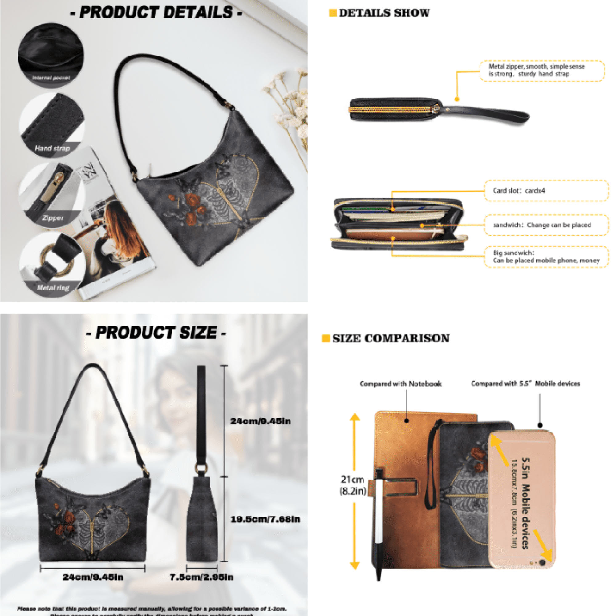 Tutolipy 3 Piece Womens Handbag and Purse Set for Ladies, Lightweight Tote Purse with Smooth Stitching Long Purse, with Fashionable Hobo Bag for Work