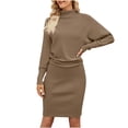 thumbnail image 1 of QUYUON Robes de Cocktail pour Femmes Liquidation Couleur Longue Robe Chandail Tricotée Col Haut Robes pour Invité de Mariage Automne Manches Longues Longueur Genou Robe Boho Style D-7943 Kaki P, 1 of 1