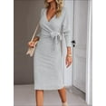 thumbnail image 3 of Women'S Long Sleeve Sweater Dress Side Split Bodycon Dresses Fall Midi Long Deep V Neck Fitted Spring Light Gray XL, 3 of 6