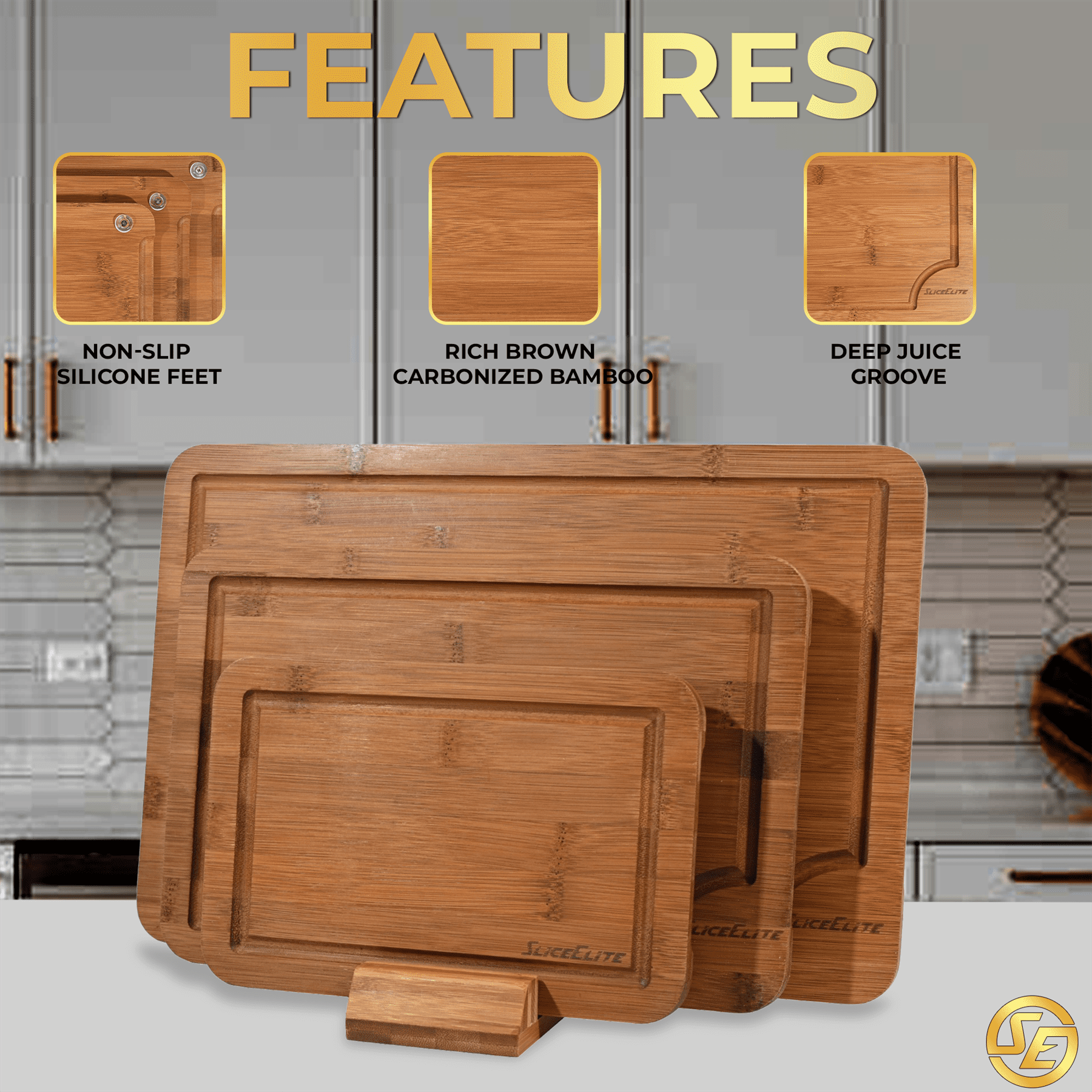SliceElite Rich Brown Carbonized Bamboo Cutting Board Set 3 Piece Kitchen Boards