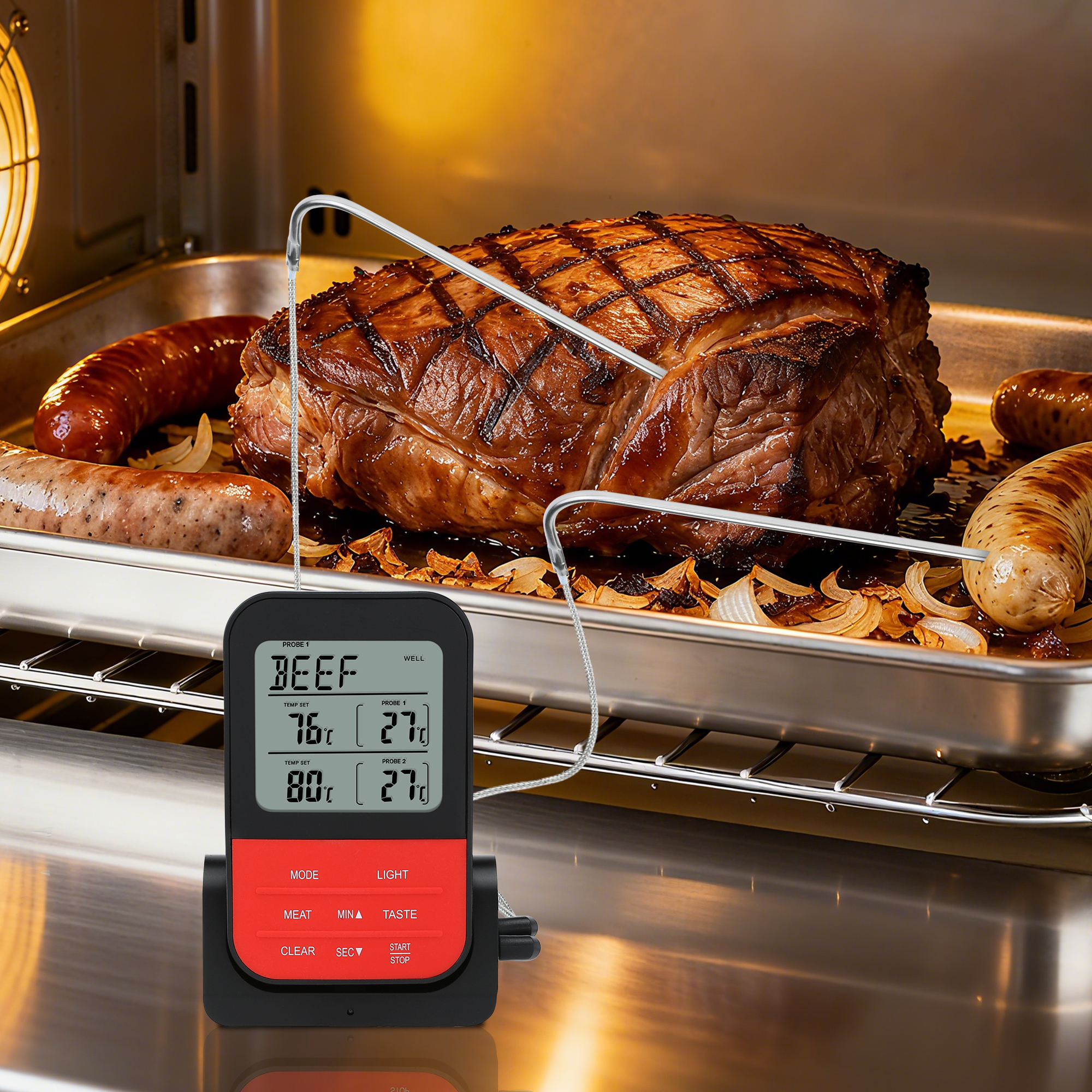 Unique Bargains Digital Meat Thermometer with 2 Probes and LCD Black Curved Needle