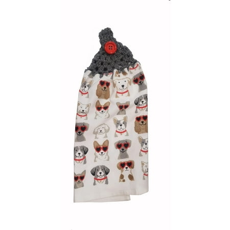 

Handcrafted Grey Crochet Topped Valentines Cool Dogs Love Kitchen Towel C43