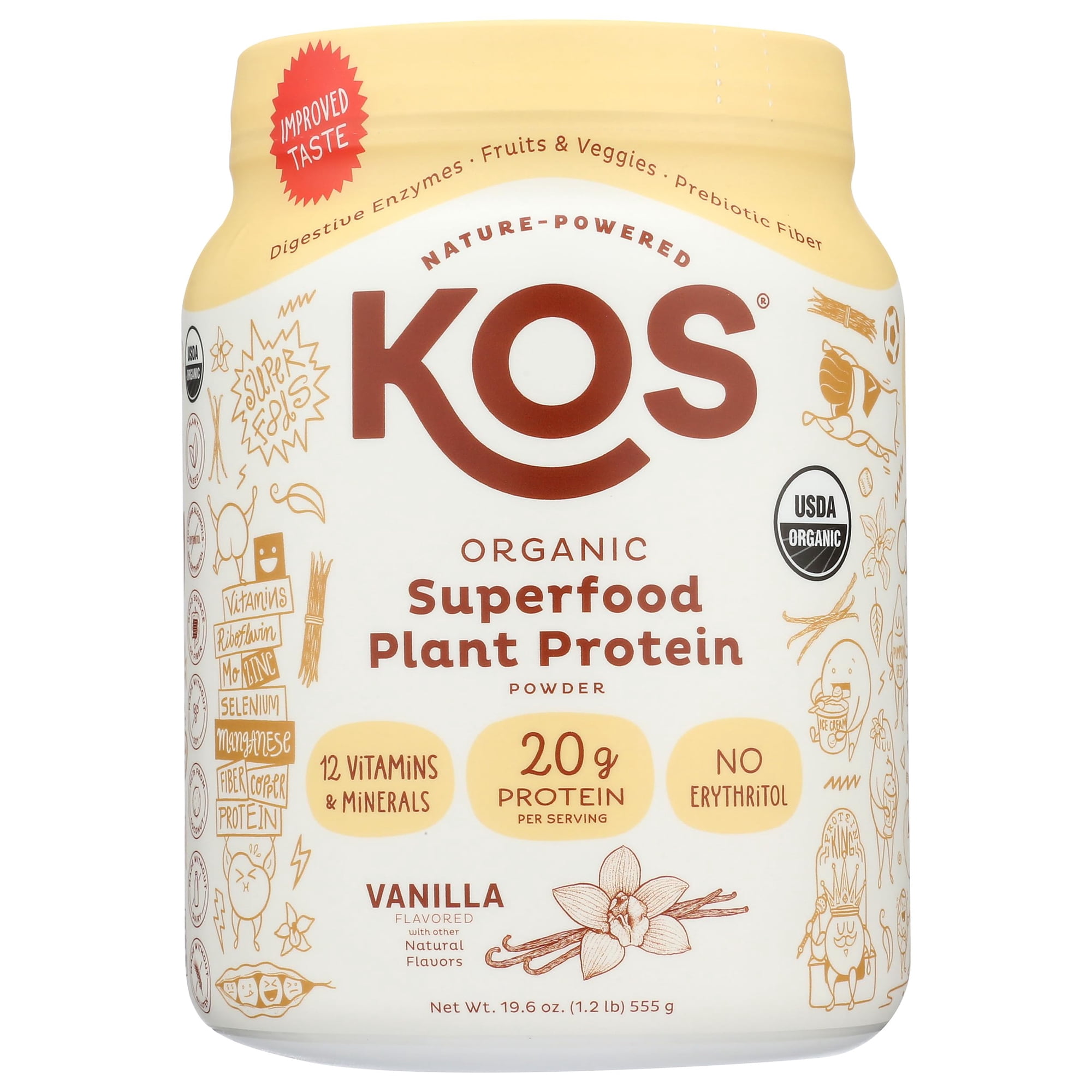 KOS Vegan Protein Powder Erythritol Free, Vanilla - Protein Blend, Plant Based Superfood Rich Inch Vitamins & Minerals - Keto, Dairy Free - Meal Replacement for Women & Men, 15 Servings