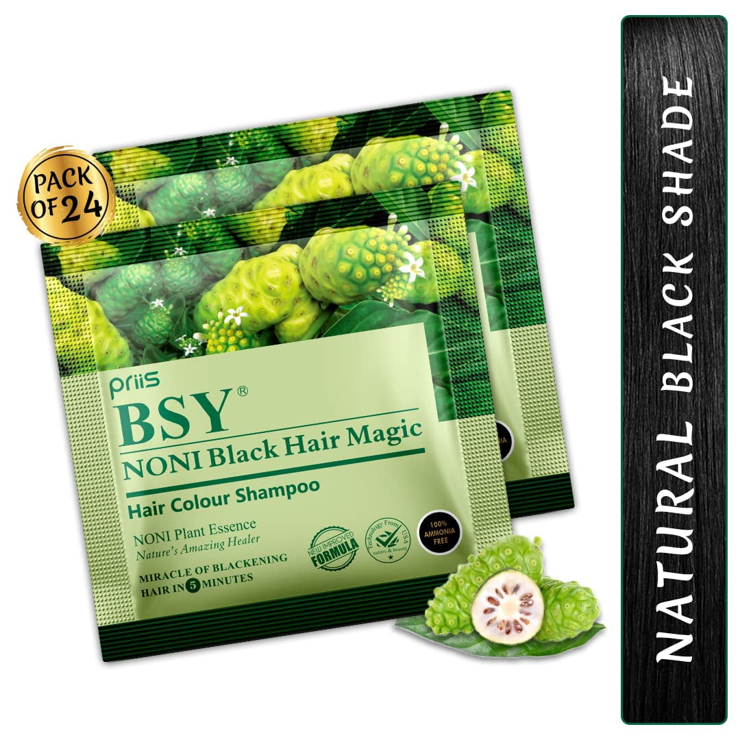BSY Noni Black Hair Magic Hair Dye Shampoo, 12 ml-Pack of 24 Sachets | 100% Ammonia Free | Fruit based Hair Color Shampoo | Black Hair Dye | 5 minutes hair color | noni hair color | Anti Dandruff