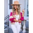 thumbnail image 4 of Womens 2025 Long Sleeve Fall Cropped Cardigan Sweaters Color Block Open Front Casual Loose Knit Outwear Rose Red S, 4 of 8