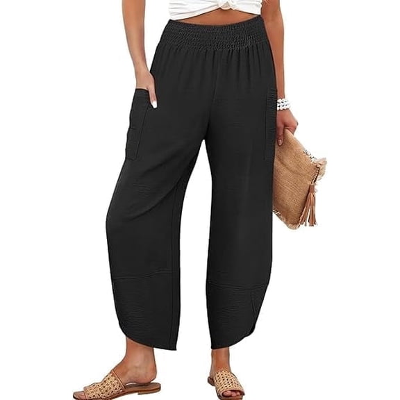 UZMOG Black Pants for Women, Summer Casual Wide Leg Pants Women Palazzo Linen Pants Beach Work Trousers
