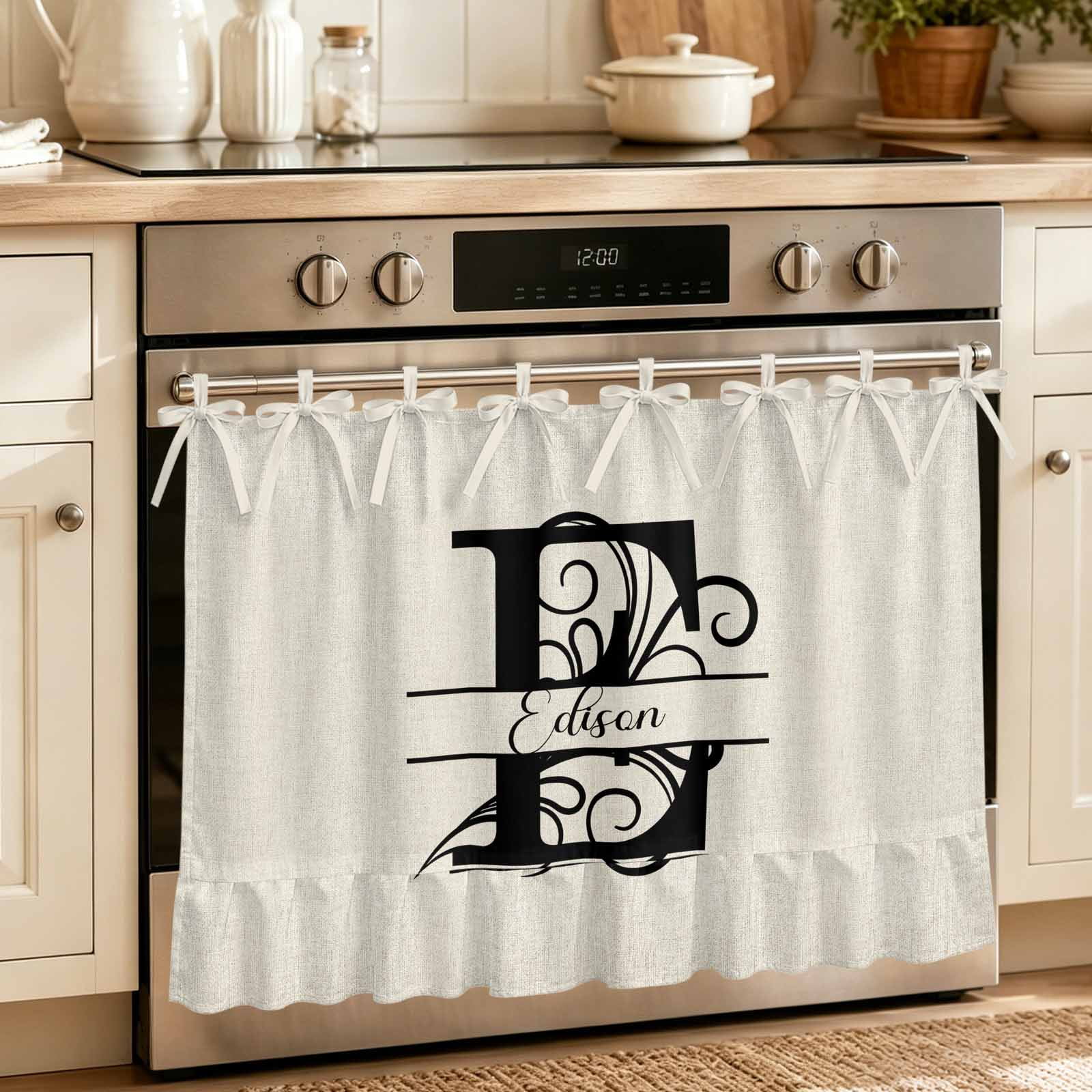 Letter E Oven Skirt Curtain 32"Wx24"L, Waterproof Ruffled Stove Cover Skirt with 8 Ribbon Ties, Monogram Words Decorative Oven Door Curtains Drapes for Kitchen Cabinet Storage