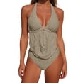 thumbnail image 5 of Womens 3 Piece Swim Suit, Textured Strap Backless Top Ruffled Skirt Bikini Bottom, Summer Travel Swimwear Coffee Swimsuit Bottoms M, 5 of 9
