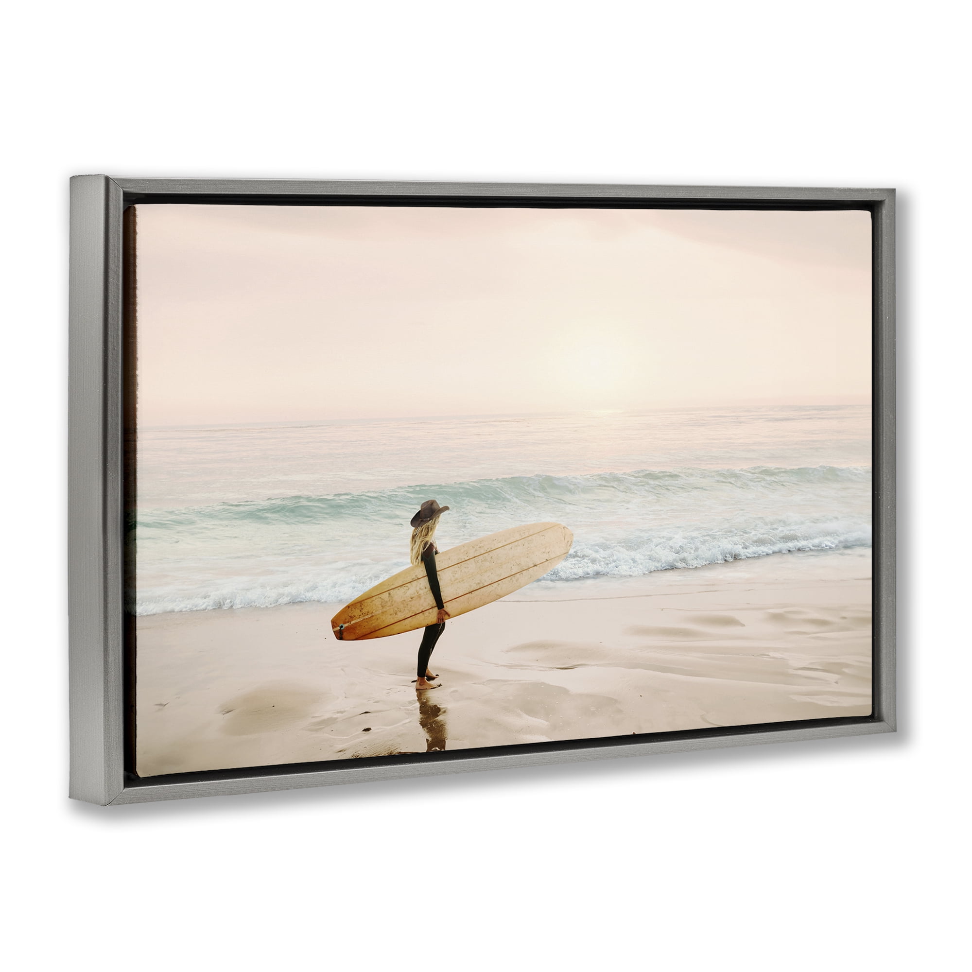 Stupell Industries Surfer Cowgirl on Beach Sports Photography Gray Floater Framed Canvas Art Print Wall Art, 31 x 21