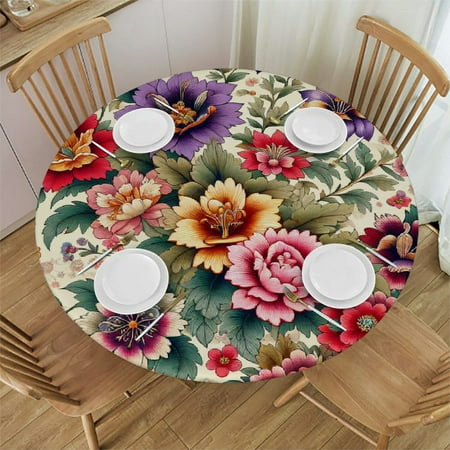 

Sheronv Flowers Leaves Traditional Design Round Table Cover Stain Resistant Washable 100% Polyester Fiber Perfect for Indoor Outdoor Kitchen Dining Wedding Parties Tablecloth 42-46
