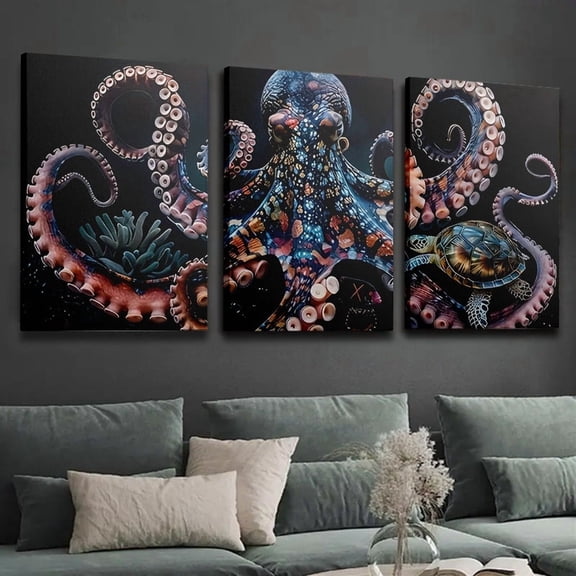 3pcs Large Canvas Wall Art Set, 3 Panel Ocean Animal Painting with Framed, Mystical Deep Sea Octopus Art, Marine Life Wall Decor for Living Room Bedroom Bathroom