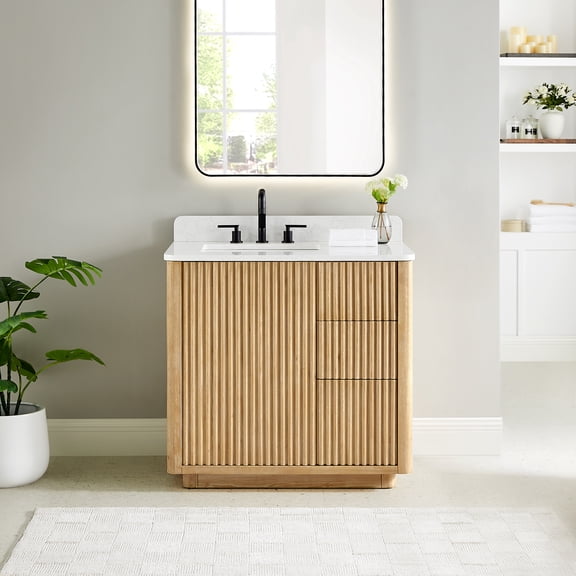 Clayton 36" Wood Vanity in Washed Light Brown Engineered Stone Top no Mirror
