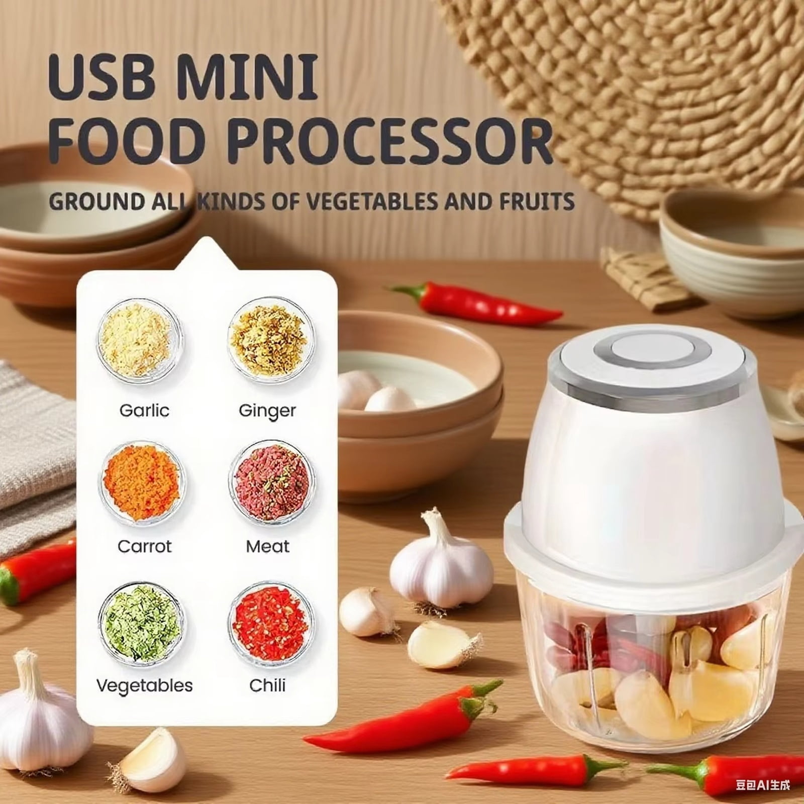 Electric Garlic Chopper, 4 Blades Electric Mini Food Processor, One-Touch Operation Garlic Mincer for Kitchen, Blue - 4 Blades, USB Rechargeable, Compact Size, Easy to Clean - for Home, Camping, Picn