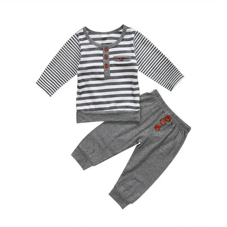 

Newborn Baby Boy Clothes Set Kids Long Sleeve Button Striped Shirt Tops+Long Pants 2Pcs Outfits Tacksuit