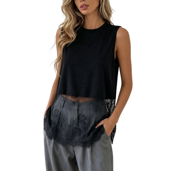 RMGVDSD Summer Womens Tops Sleeveless Lace Tank Top Casual Blouse Soft Comfortable Stretch Crew Neck Tee Shirt Fashion Tops Versatile Tee Blouse