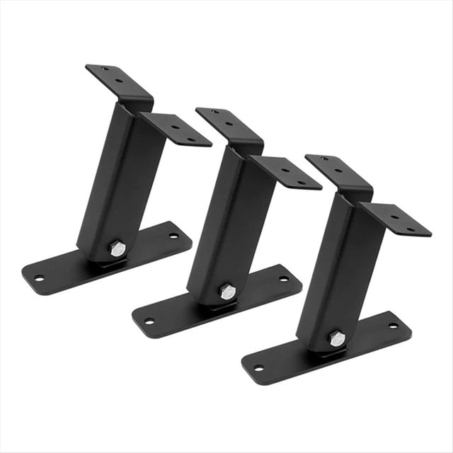 3 piezas kit de soportes de pérgola de alta resistencia para elevador de techo de patio soportes de de elevador de techo de pérgola de acero inoxidable 304 ajustables kit de tres soportes negros, vista 3/4 frontal. Cada soporte muestra placa base rectangular con 2 orificios para tornillos, viga inclinada con bisagra y placa superior con 4 orificios; tuerca visible en la bisagra para ajuste de 0 a 90°. Acabado metálico negro mate, diseñado para elevación vertical hasta 6 pulgadas y uso en porches, cenadores y patios. También suele usarse para organizar herrajes en talleres o cabañas.