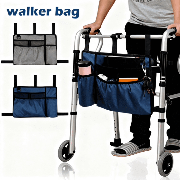 Tcwhniev Walker Bag with Cup Holder Large Capacity Folding Storage Bag Elderly Handicapped Mobility Walker Bag,1Pcs,Blue
