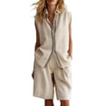 thumbnail image 2 of HongQid 2 Piece Linen Short Set Ladies Sleeveless Striped Trim Shirt and Pleated Shorts Casual Outfit for Women, 2 of 6