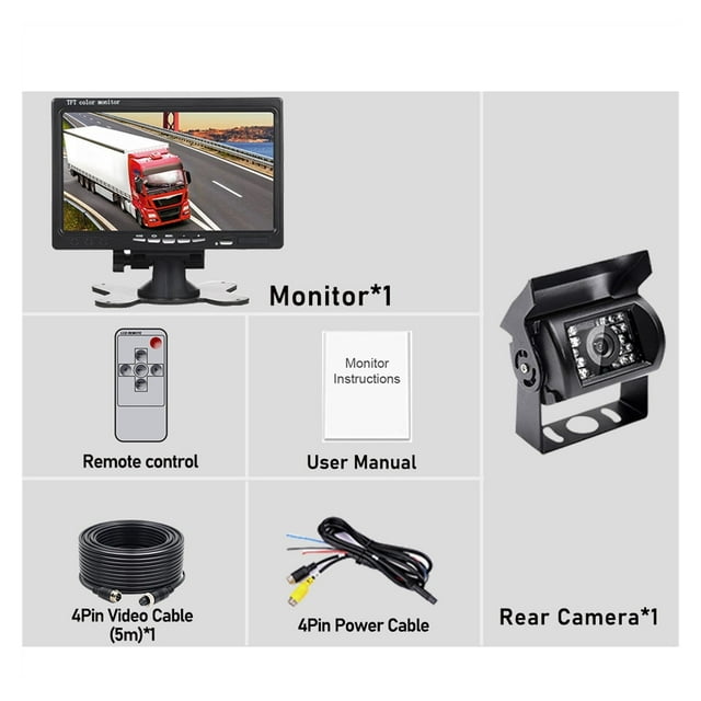 7" LCD Color TFT Rear View Monitor 800*480 for Bus Truck RV IR LED Back up Reverse Camera 4-pin Connector ,Clear Images